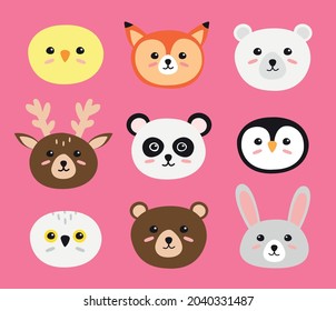 Vector set bundle of hand drawn doodle flat animal head face isolated on pink background