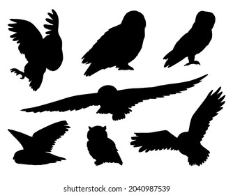 Vector set bundle of hand drawn owl silhouette isolated on white background