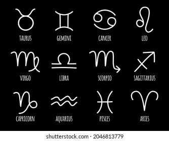 Vector set bundle of hand drawn doodle sketch astrological zodiac sign isolated on black background