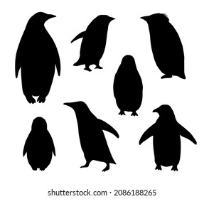 Vector set bundle of hand drawn penguin silhouette isolated on white background