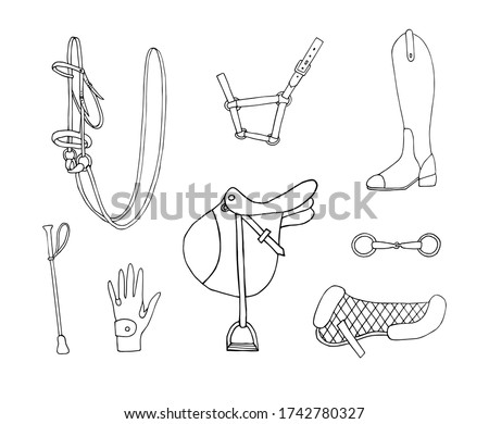 Vector set bundle of hand drawn doodle sketch equestrian horse riding equipment isolated on white background
