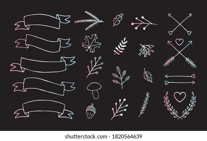Vector set bundle of holographic hand drawn doodle sketch autumn elements isolated on black background