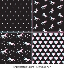 Vector set bundle of holographic unicorn silhouette seamless pattern isolated on black background