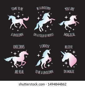 Vector set bundle of holographic unicorn silhouette quotes isolated on black background