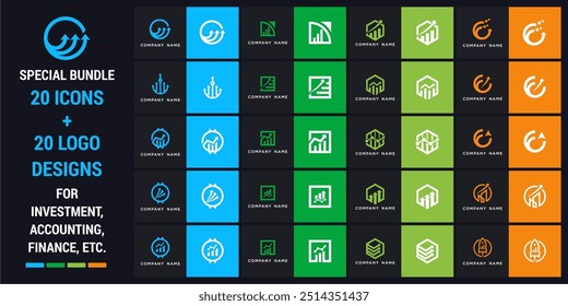 Conjunto de Vector de Paquete para la inversión, finanzas, logotipo contable e Plantilla de diseño de iconos, se puede utilizar en varios medios fácilmente, editable