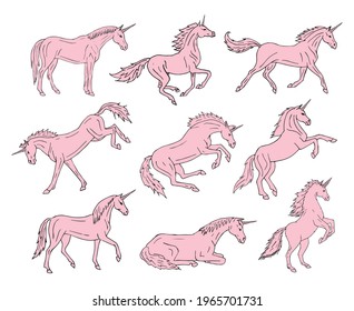 Vector set bundle of pink hand drawn doodle sketch unicorn isolated on white background