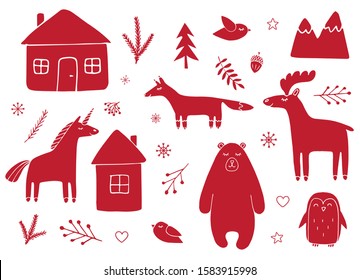 Vector set bundle of red hand drawn doodle sketch animals and nature elements isolated on white background