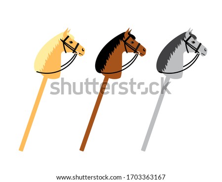 Vector set bundle of three different color flat cartoon riding hobby horse toy isolated on white background