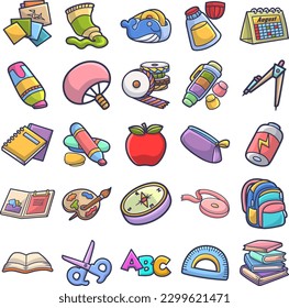 Vector set bundle of various cute art style school supplies theme items