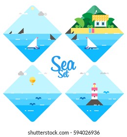 Vector set. Bungalow on island. Sea, island reefs. The lighthouse in the sea. Whale in the ocean. 