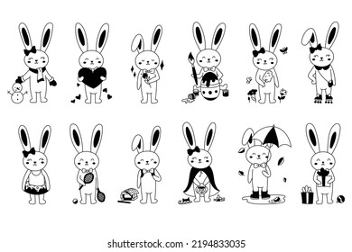 Vector set of bunnies in cute style. Rabbits in different seasons: winter, spring, summer, autumn. Bunnies to illustrate months and seasonal holidays in postcards, calendars, banners.