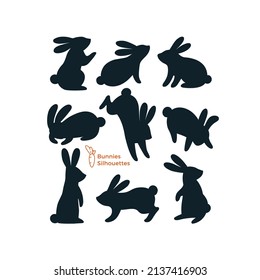 Vector Set of Bunnies Silhouettes. Rabbits Illustration Isolated on White Background. Shapes for Laser Cutting, Trapharet, Logo and Icons