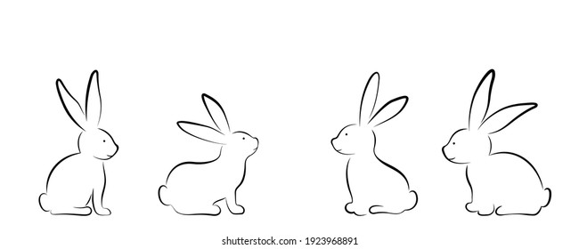 Vector set with bunny outline, collection with rabbits in different position, lineart.