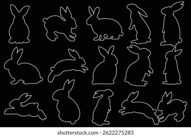 Vector set with bunny outline, collection with rabbits in different position, line art. Rabbit, Bunny Silhouette. Easter bunny set in simple outline style. Black and white minimal concept. EPS 10. 