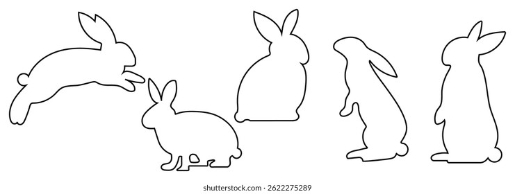 Vector set with bunny outline, collection with rabbits in different position, line art. Rabbit, Bunny Silhouette. Easter bunny set in simple outline style. Black and white minimal concept. EPS 10. 
