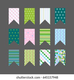 Vector set of bunting flags with colorful patterns. Modern flat design. Trendy colors. Square shaped flags.