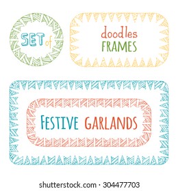 Vector set of bunting frames isolated on white background. Festive red, blue, yellow and green hand-drawn garlands. There are places for text in the center. 