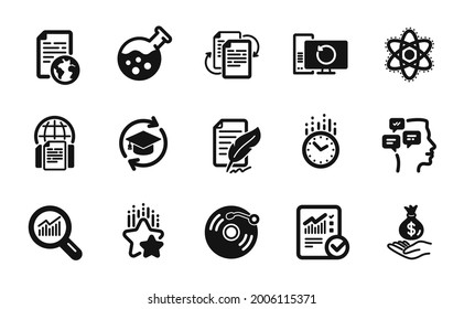 Vector set of Bureaucracy, Chemistry lab and Checked calculation icons simple set. Continuing education, Data analysis and Ranking stars icons. Bureaucracy simple web symbol. Vector