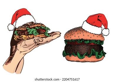 Vector set of burgers in Santa Claus hats isolated on white,graphical fast food elements,new year design