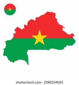 Vector set of Burkina Faso high detailed map flag and national flag round badge isolated on white background.