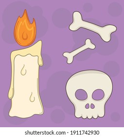 Vector set of burning candle and skull and bones for halloween