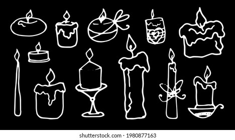 Vector set of burning candles. doodle-style candles of various shapes with wax smudges and a burning wick, with candlesticks and bows, isolated with a white line on a black background for a label 