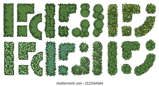 Vector set. Bushes, plants for landscape design. Top view. Green fence. View from above.