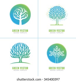 Vector set of business and abstract emblems in green gradient colors - trees and plants - growth concepts