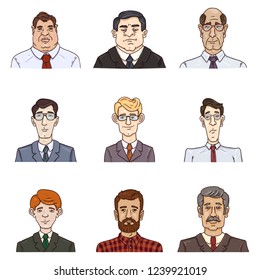 Vector Set of Business Avatars. Collection of Cartoon Male Portraits. Office Workers. Men in Suits and Shirts.