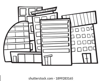 Un conjunto vectorial de edificios de negocios.  Contorno negro, ilustración a mano ciudad inteligente.