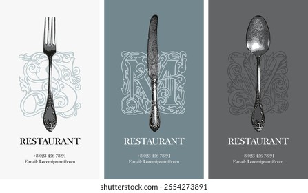 Vector set business card or cover or logo food and drink menu for restaurant or cafe with realistic fork, spoon and knife with initial letter curlicues and flower ornament in vintage style