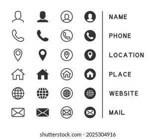 Vector set of business card icons. Contains icons name, phone, location, place, website, mail.