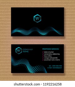 Vector set. Business card template for a company with a blue wave on a black background