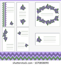 Vector set of business card templates, square postcards and banners with image of forest berries. Drawing in blue and green tones. Can be used in postcards, posters, textiles, advertising, logo.