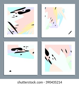Vector set of business cards with abstract pastel shapes and black stains.