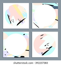 Vector set of business cards with abstract pastel shapes and black stains. Circle frames.