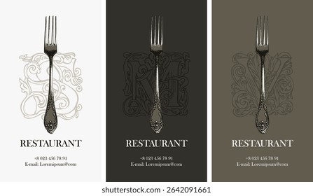 Vector set of business cards, covers, logos, labels or food and drink menu for restaurant or cafe with realistic fork, capital letter and floral ornament with swirls in vintage style. No AI used