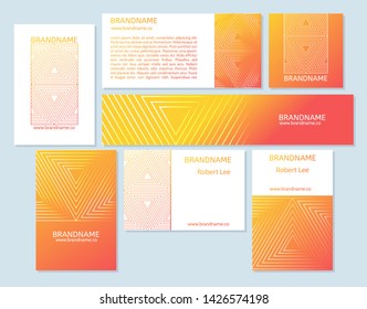 Vector set of business cards, flayers, banners with abstract geometric line pattern background for business brochure cover design. Orange vector banner poster template.