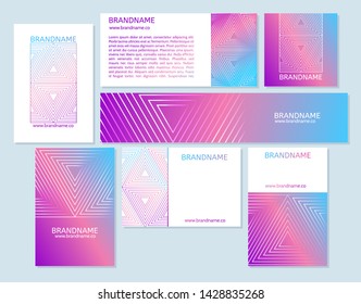 Vector set of business cards, flayers, banners with abstract geometric line pattern background for business brochure cover design. Pink, violet, blue vector banner poster template.