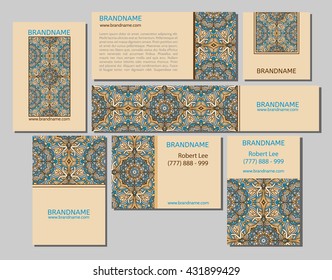 Vector set of business cards flayers banners with oriental pattern. Modern abstract style, Indian, Arabic, Islam motifs. Vintage design elements. White gold black color.