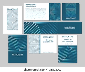 Juego de vectores de cartas de negocios flayers banners con el patrón triángulo en un fondo azul verde. Estilo abstracto moderno, adorno lineal.
