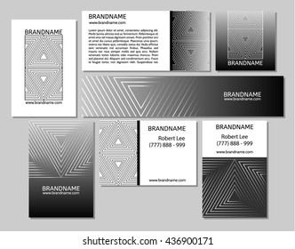 Vector set of business cards flayers banners with triangle pattern on a black gray background. Modern abstract style, linear ornament.