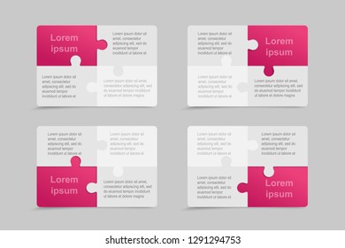 Vector set business cards flyers brochures, booklets. Jigsaw banner, background, backdrop of puzzle purple, violet pieces. Teamwork corporate. Office work. Business cards from pieces, parts puzzle.