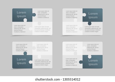 Vector set business cards flyers brochures, booklets. Jigsaw banner, background, backdrop of puzzle blue grey pieces. Teamwork corporate. Office work. Business cards from pieces, parts puzzle.