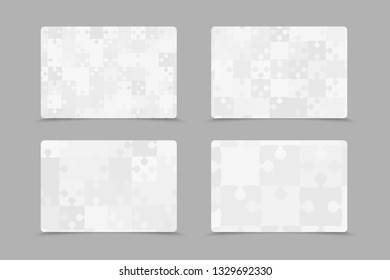 Vector set business cards flyers brochures booklets. Jigsaw banner background, backdrop of puzzle grey pieces. Teamwork corporate. Office work. Business cards from pieces, parts puzzle.