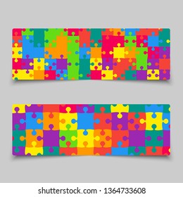 Vector set business cards flyers brochures, booklets. Jigsaw banner, background, backdrop of puzzle colored pieces. Teamwork corporate. Office work. Business cards from pieces, parts puzzle.