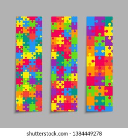 Vector set business cards flyers brochures, booklets. Jigsaw banner, background, backdrop of puzzle colored pieces. Teamwork corporate. Office work. Business cards from pieces, parts puzzle.