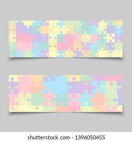 Vector set business cards flyers brochures, booklets. Jigsaw banner, background, backdrop of puzzle colored pieces. Teamwork corporate. Office work. Business cards from pieces, parts puzzle.
