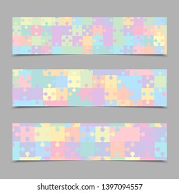 Vector set business cards flyers brochures, booklets. Jigsaw banner, background, backdrop of puzzle colored pieces. Teamwork corporate. Office work. Business cards from pieces, parts puzzle.