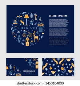 Vector set of business cards with Folk art and Scandinavian symbols, front and back view isolated on dark with text